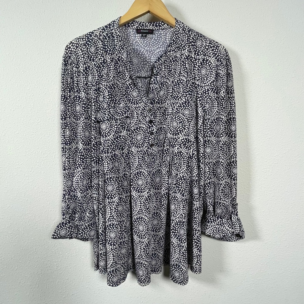 Cocomo Button Up Blouse Womens XL Blue White Dot Long Sleeve Stretch Office Wear